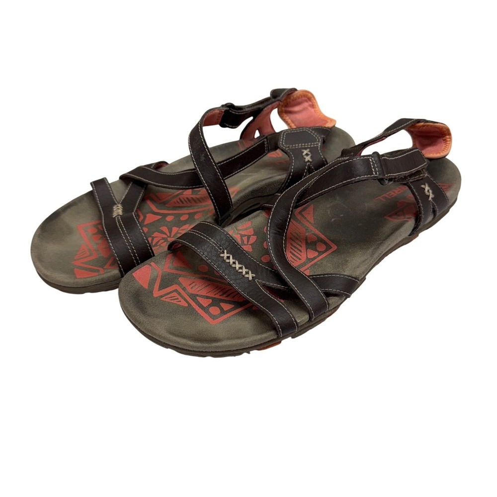 Merrell Womens Brown Leather Strappy Sandals Tribal Print Air Cushion Size 9